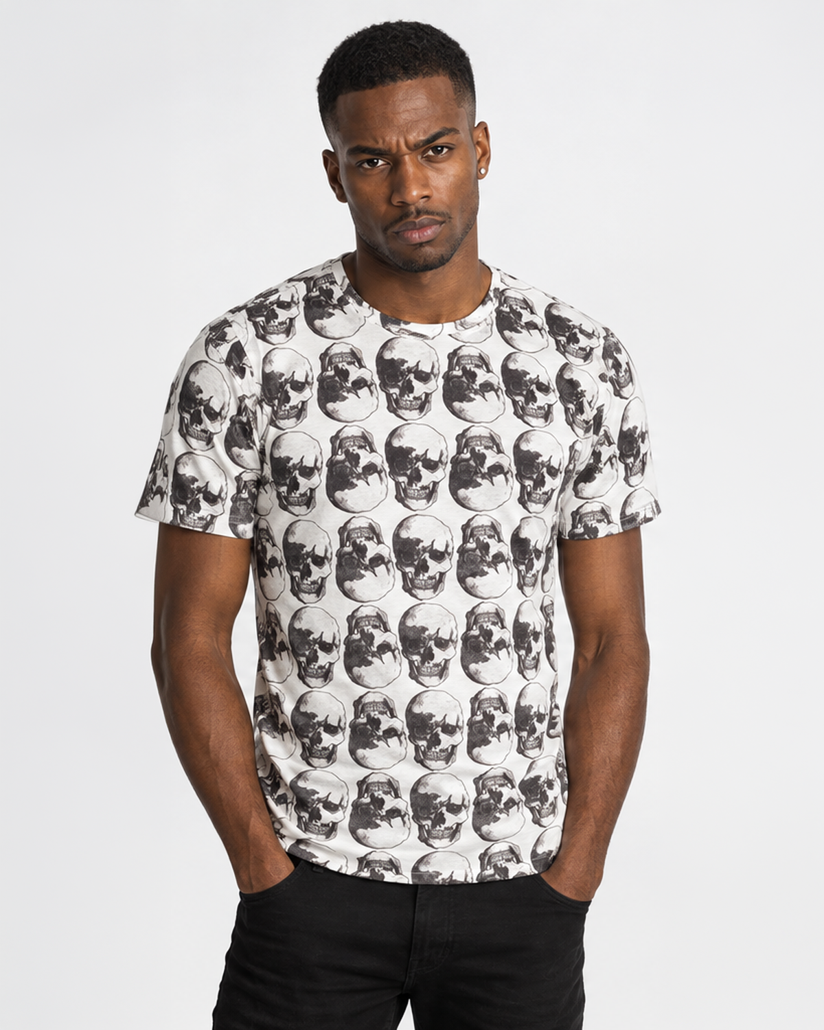 Vintage Treatment Polka Skulls Sublimation White Tee