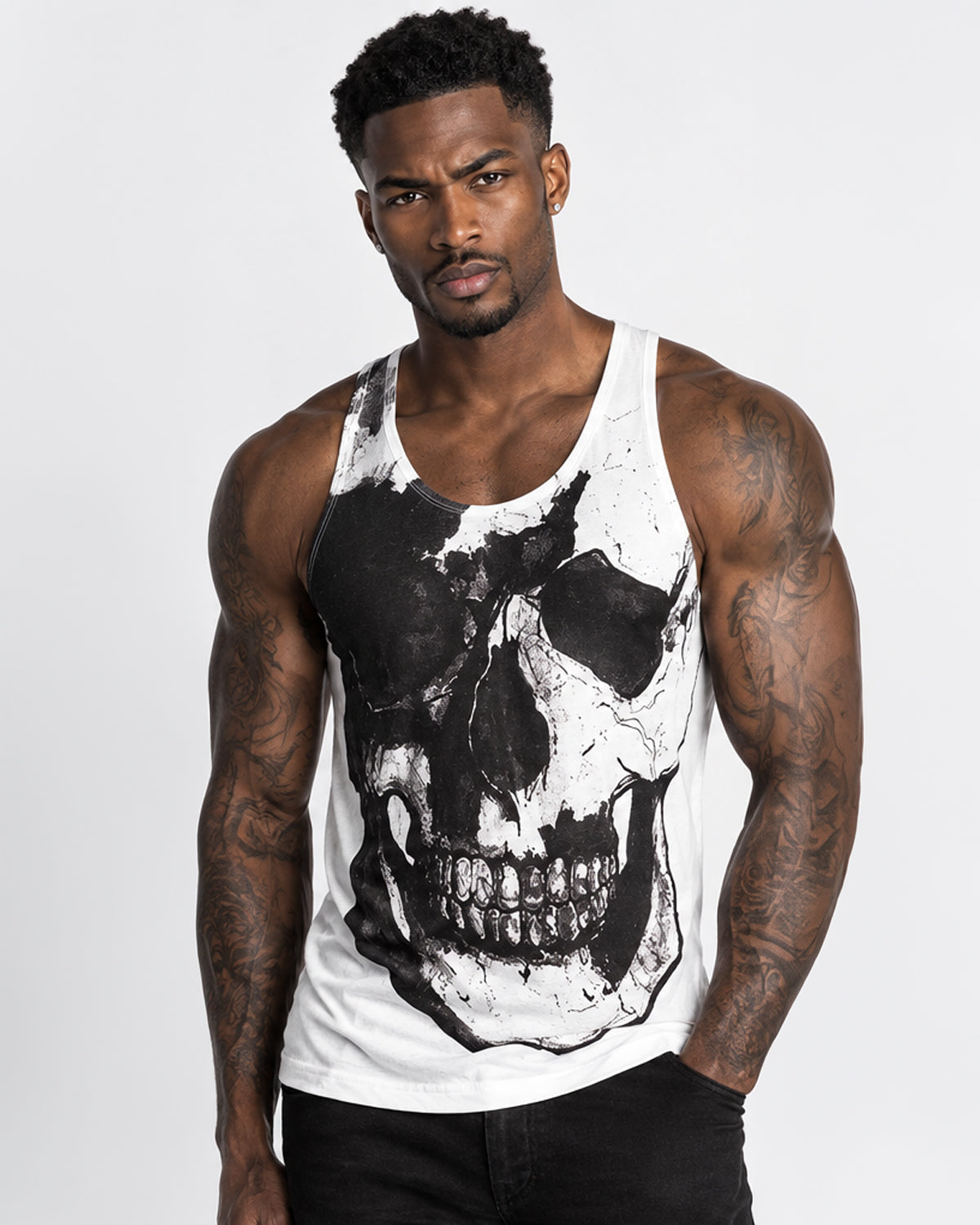 Vintage Treatment Skull Collar Bone White Tank