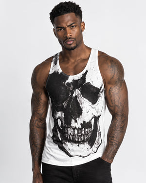 Vintage Treatment Skull Collar Bone White Tank