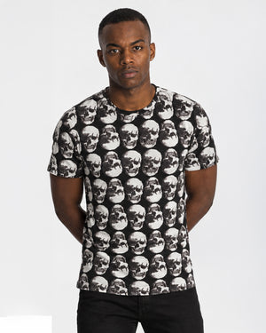 Unisex Vintage Treatment Polka Skulls Sublimation Black Tee