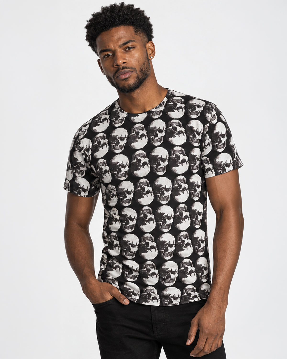 Unisex Vintage Treatment Polka Skulls Sublimation Black Tee