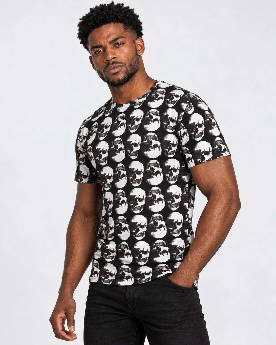 Vintage Treatment Polka Skulls Sublimation Black Tee by Robert Bowen
