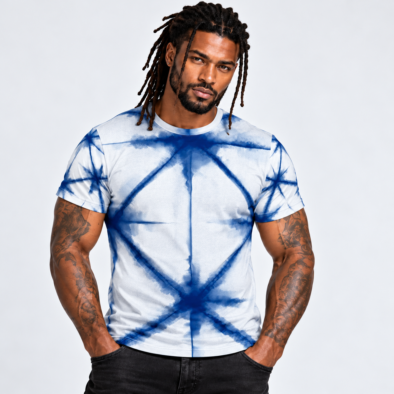 Shibori Tie-Dye Blue Stars All-Over Print Men's Athletic T-shirt designed by Robert Bowen