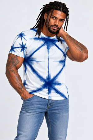 Shibori Tie-Dye Blue Stars All-Over Print Men's Athletic T-shirt designed by Robert Bowen