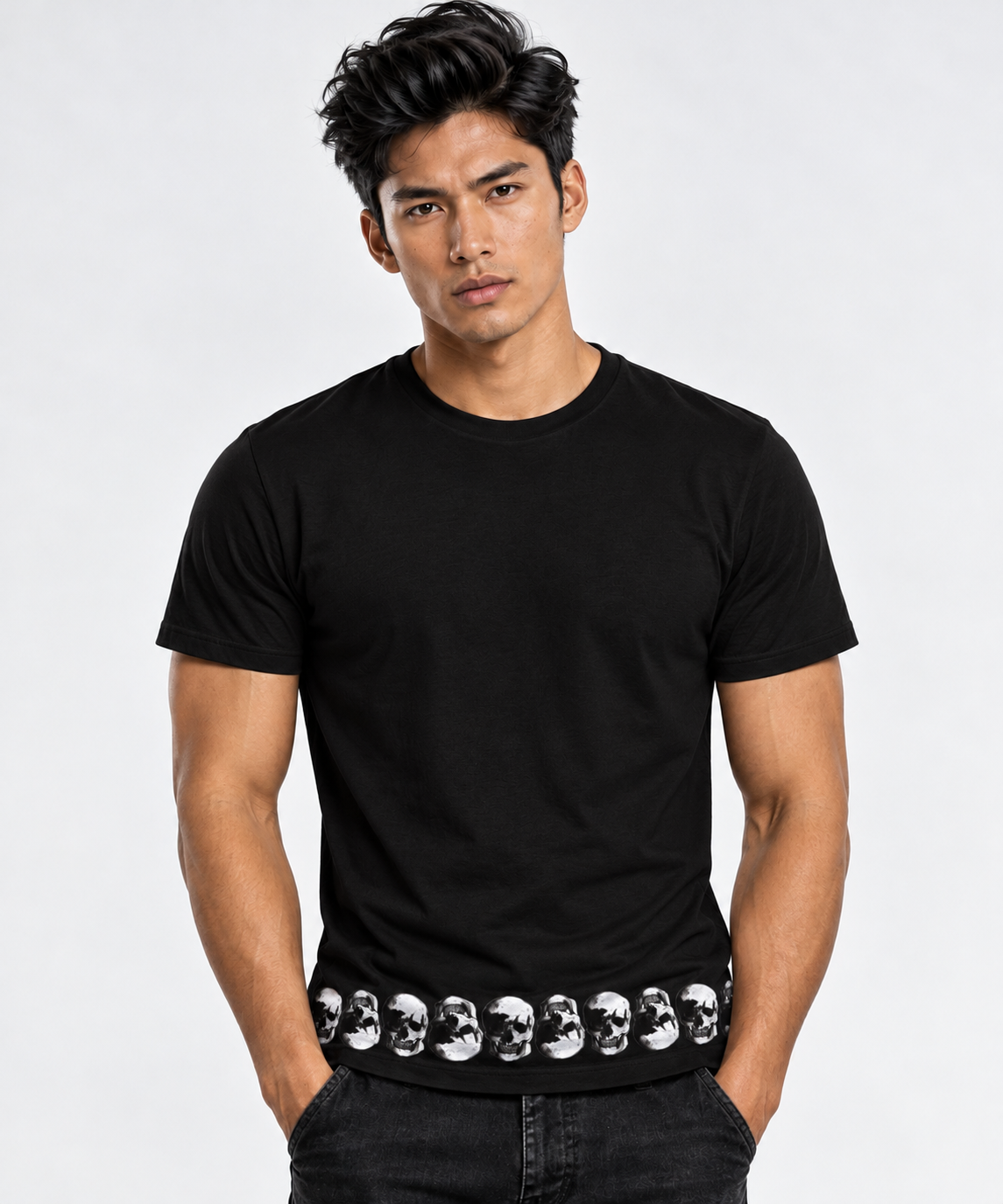Vintage Treatment Skulls Hem Sublimation Black Tee