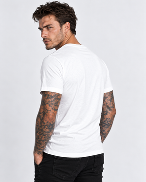Vintage Treatment White Crew Neck Skull Collar Bone Black Ink Tee