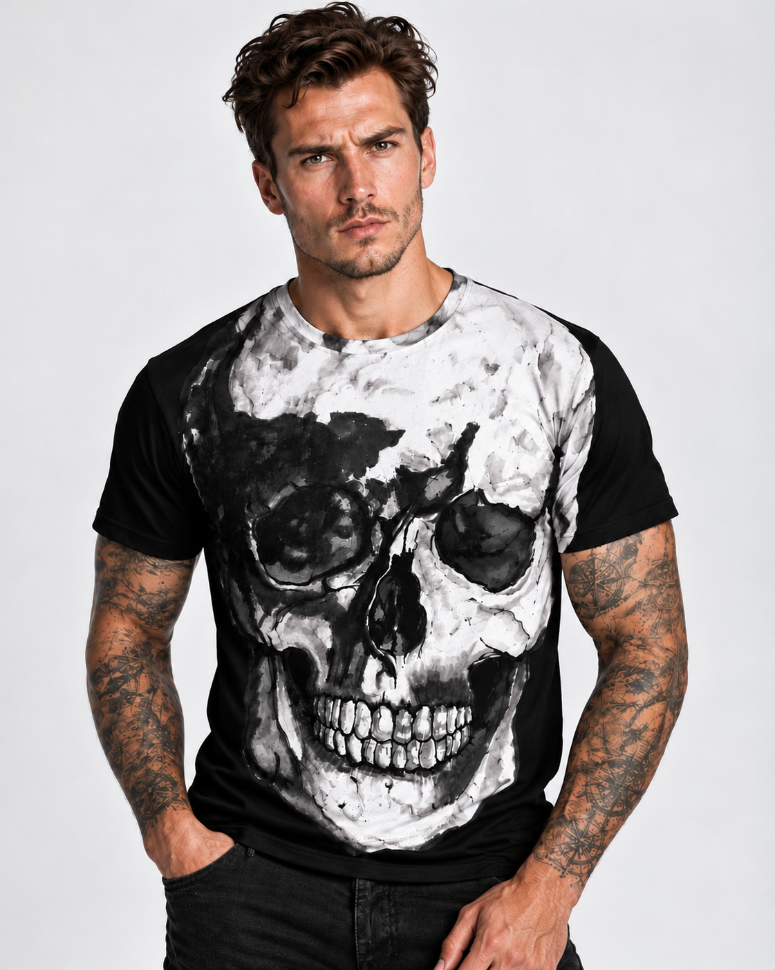 Vintage Treatment Black Crew Neck Skull Collar Bone Sublimation T-Shirt by Robert Bowen