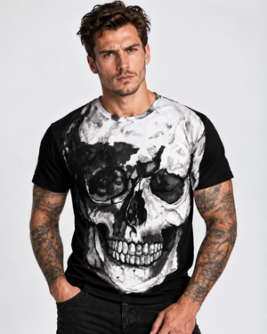 Vintage Treatment Black Crew Neck Skull Collar Bone Sublimation T-Shirt by Robert Bowen