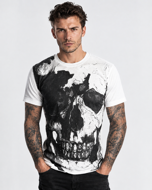 Vintage Treatment White Crew Neck Skull Collar Bone Black Ink Tee