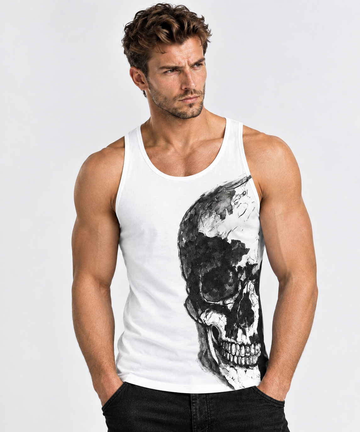Vintage Treatment Skull Side White Tank by Robert Bowen