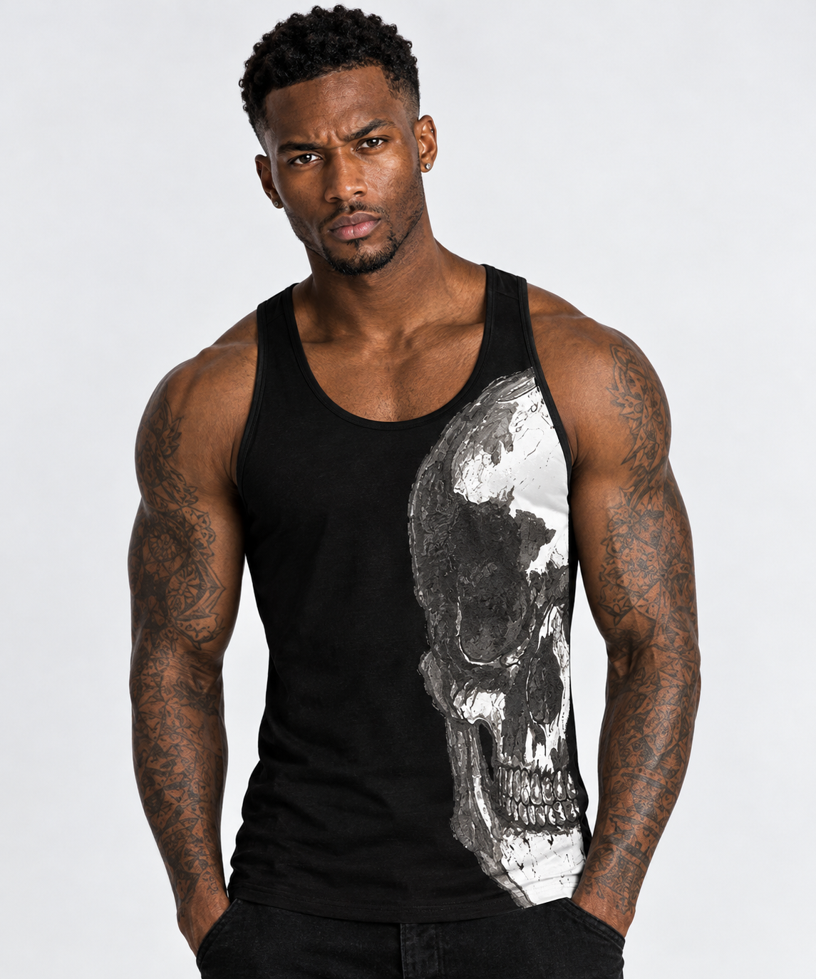 Vintage Treatment Skull Side Black Tank by Robert Bowen