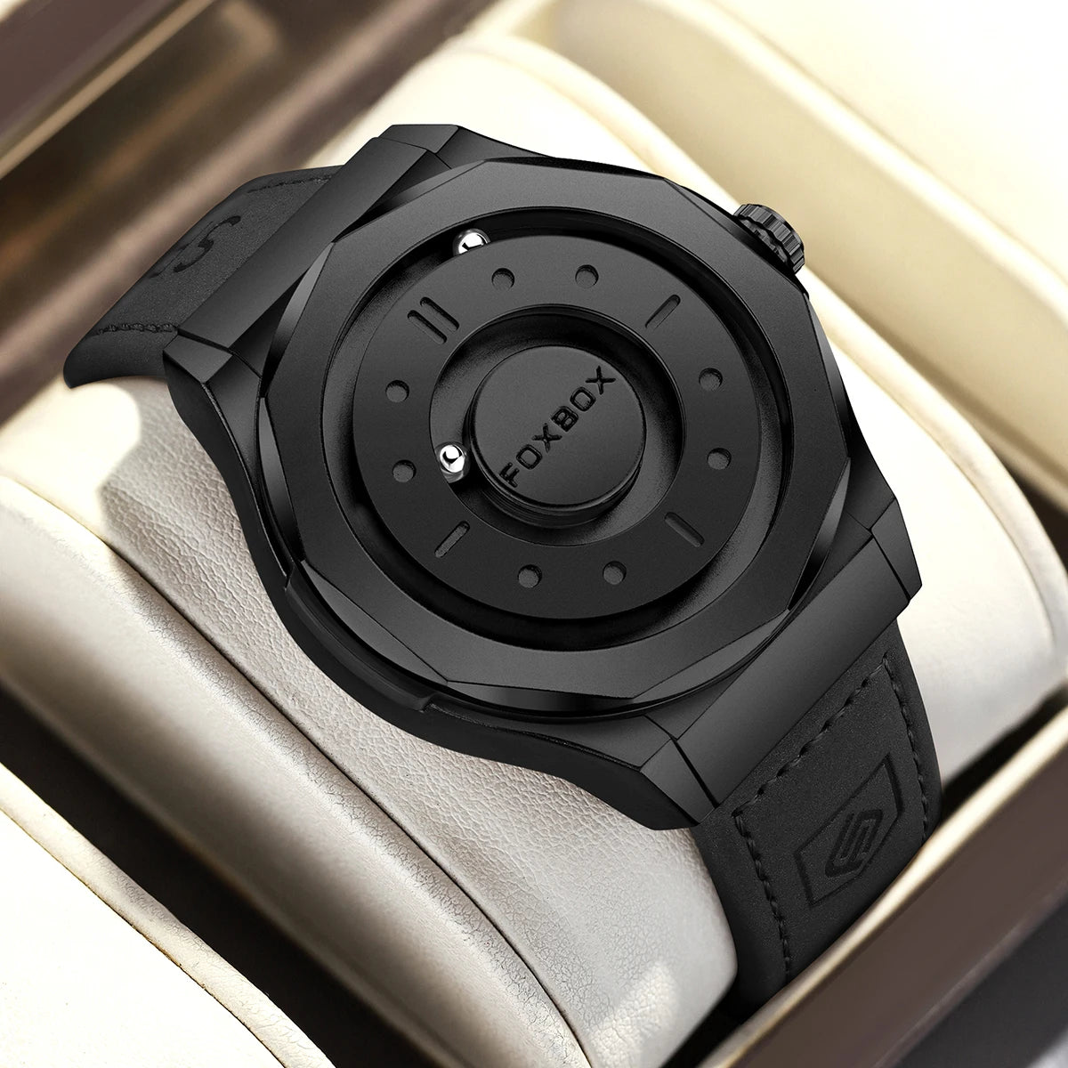 Mens Bold Stainless Steel Leather Quartz Watch