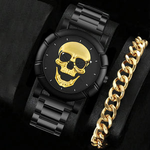 Stainless Steel Skull Watch and Bracelet Set