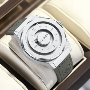Mens Bold Stainless Steel Leather Quartz Watch