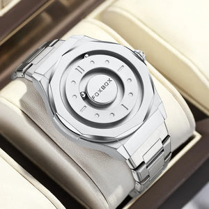 Mens Bold Stainless Steel Leather Quartz Watch