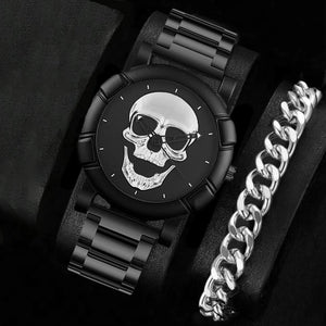 Stainless Steel Skull Watch and Bracelet Set