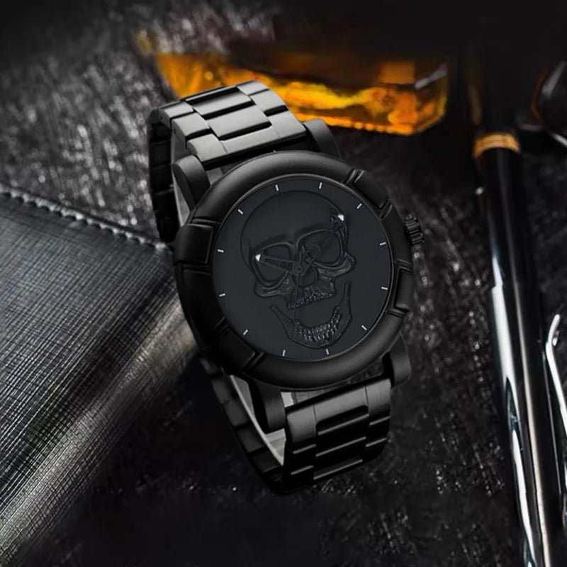 Stainless Steel Skull Watch and Bracelet Set