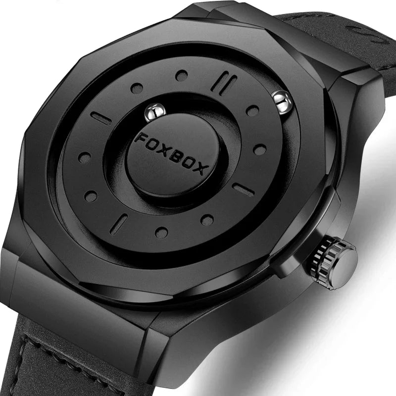 Mens Bold Stainless Steel Leather Quartz Watch