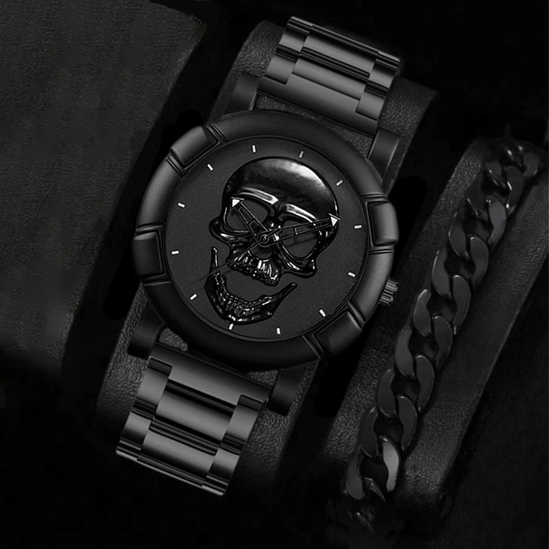 Stainless Steel Skull Watch and Bracelet Set
