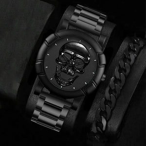 Stainless Steel Skull Watch and Bracelet Set