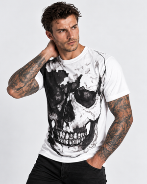 Vintage Treatment White Crew Neck Skull Collar Bone Black Ink Tee