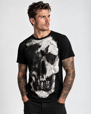 Vintage Treatment Black Crew Neck Skull Collar Bone Tee