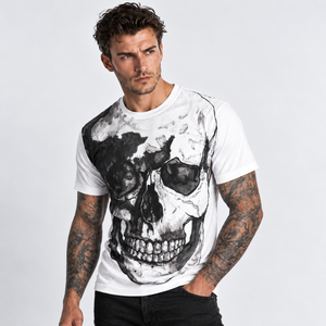 Vintage Treatment White Crew Neck Skull Collar Bone Black Ink Tee