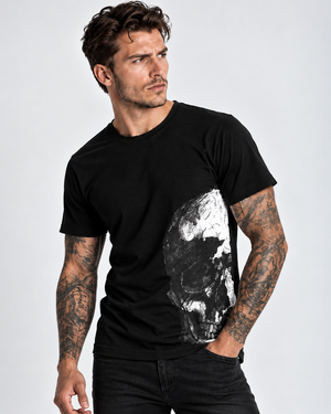 Vintage Treatment Underarm Skull Black Sublimation T-Shirt by Robert Bowen