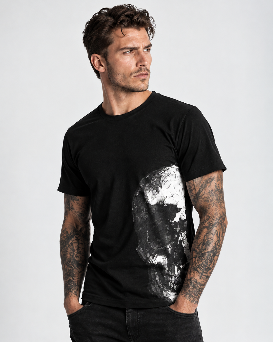Vintage Treatment Skull Under Arm Sublimation Black Tee