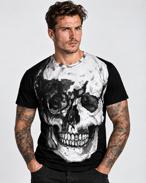 Vintage Treatment Black Crew Neck Skull Collar Bone Sublimation T-Shirt by Robert Bowen