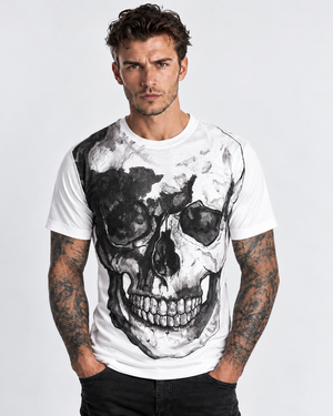 Vintage Treatment White Crew Neck Skull Collar Bone Black Ink Tee