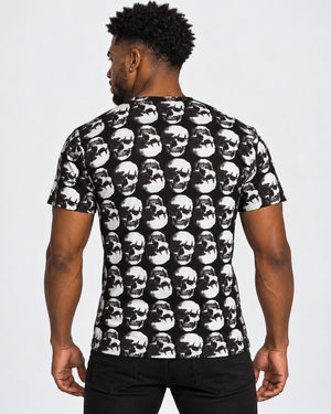 Vintage Treatment Polka Skulls Sublimation Black Tee by Robert Bowen