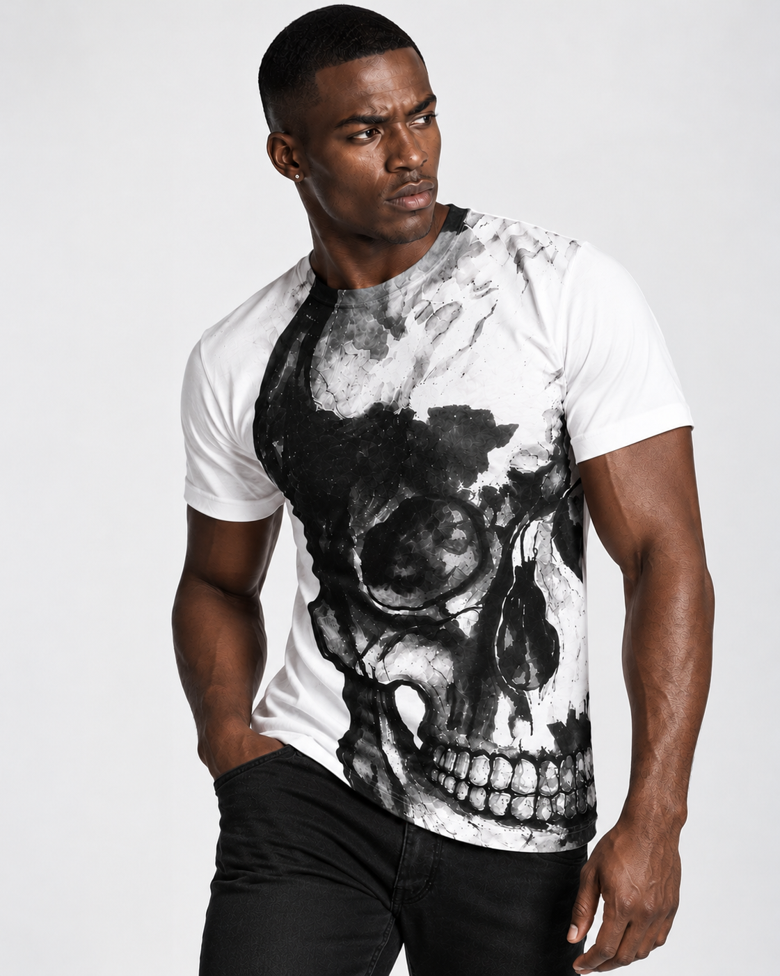 Vintage Treatment Half Skull White Tee by Robert Bowen