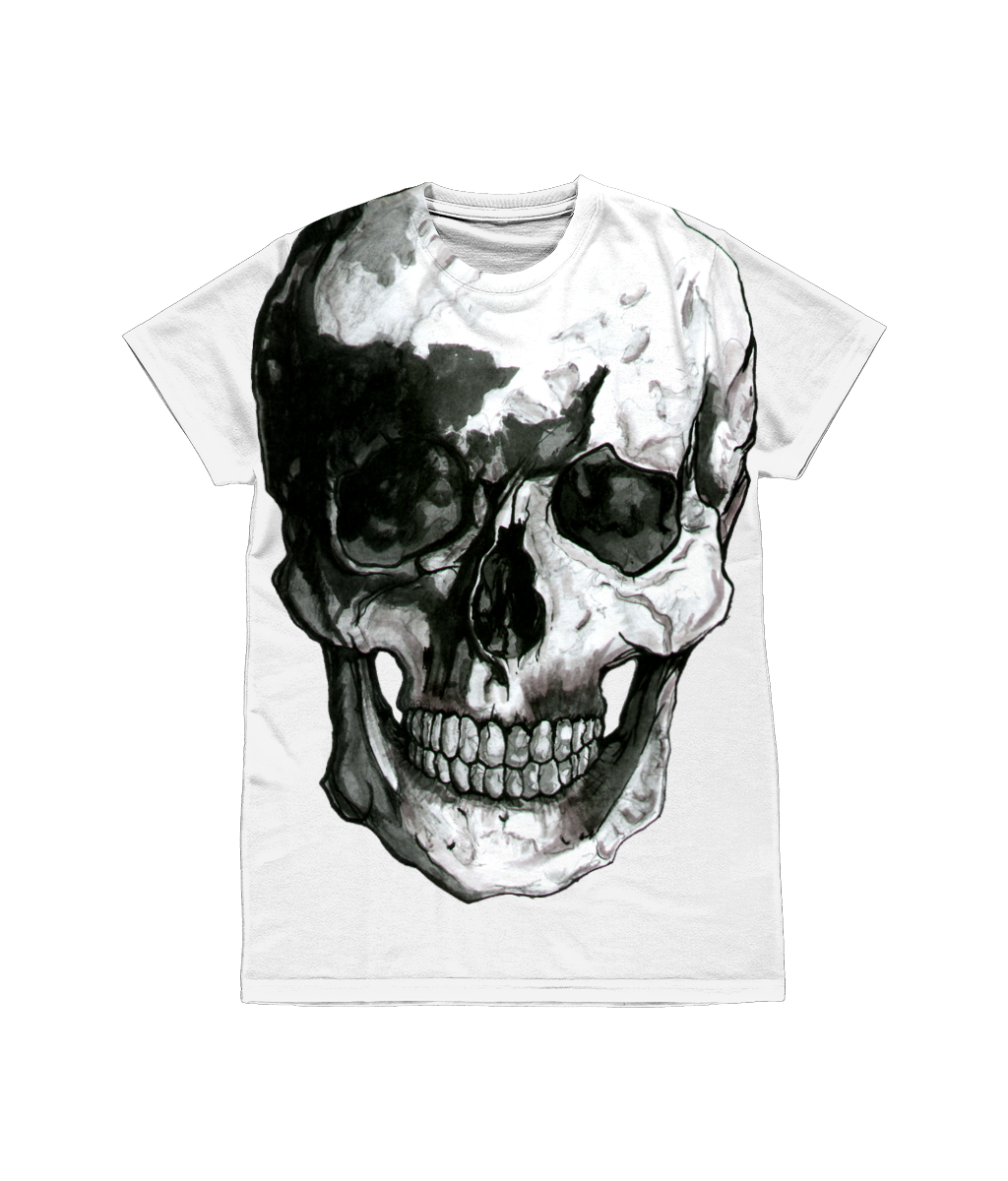 Vintage Treatment White Crew Neck Skull Collar Bone Black Ink Tee
