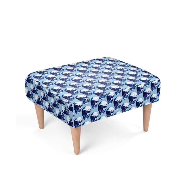 Blue Ink Polka Skulls Footstool by Robert Bowen