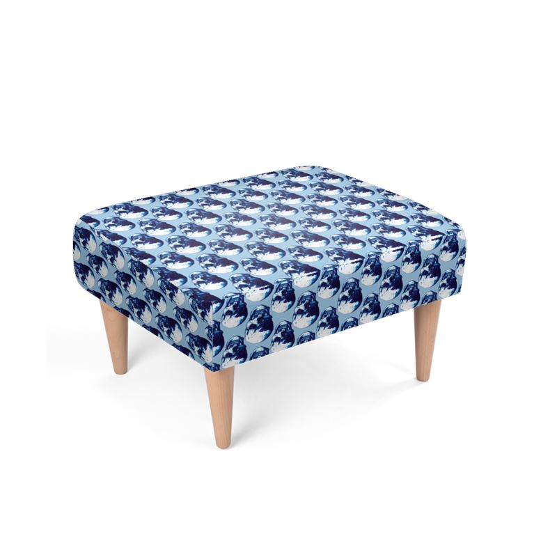 Blue Ink Polka Skulls Footstool by Robert Bowen