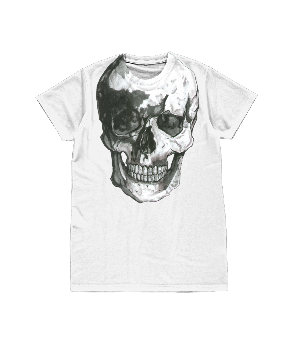 Unisex All-Over Sublimation Tee Skull Neck in white all-over-t-shirt-template - Robert Bowen Tees