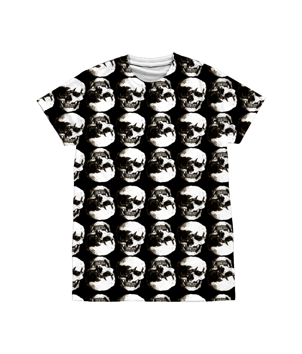 Unisex Vintage Treatment Polka Skulls Sublimation Black Tee