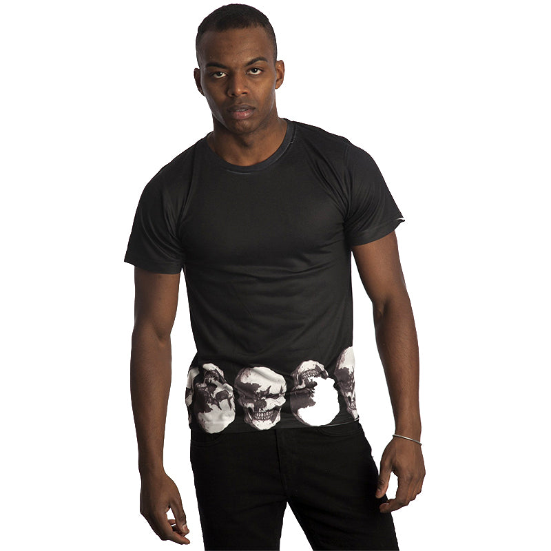 Vintage Treatment Skulls Hem Sublimation Black Tee