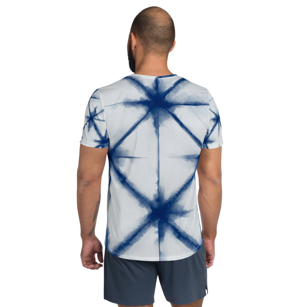 Shibori Tie-Dye Blue Stars All-Over Print Men's Athletic T-shirt designed by Robert Bowen