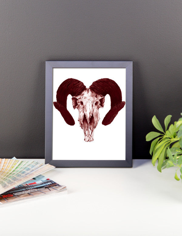 Ram Skull Concave Turned Horns Brown Ink Framed Poster by Robert Bowen - Robert Bowen Tees