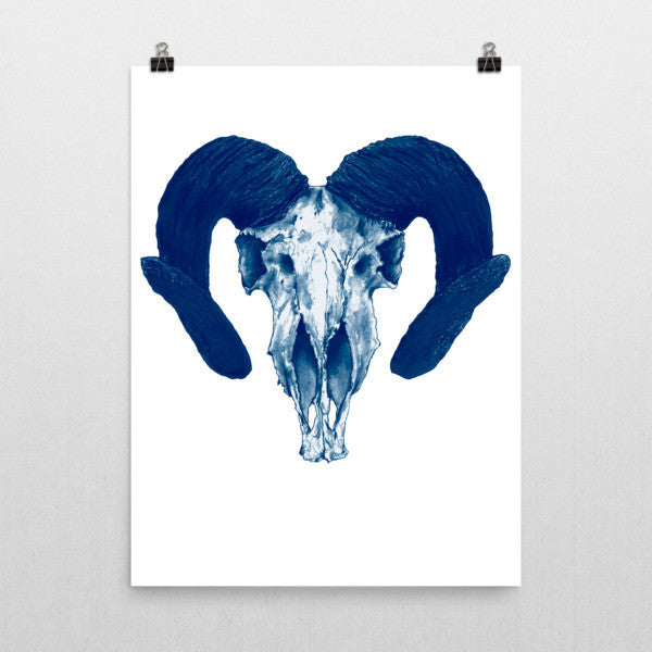 Ram Skull Concave Turned Horns Blue Ink Poster by Robert Bowen - Robert Bowen Tees