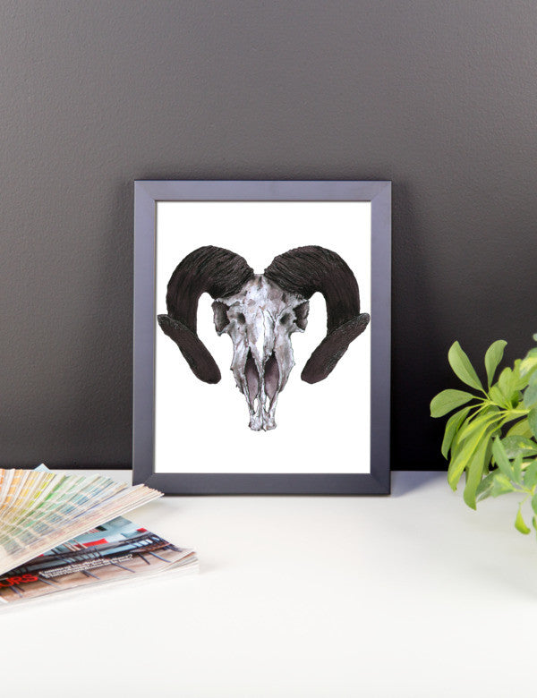 Ram Skull Concave Turned Horns Black Ink Framed Poster - Robert Bowen Tees