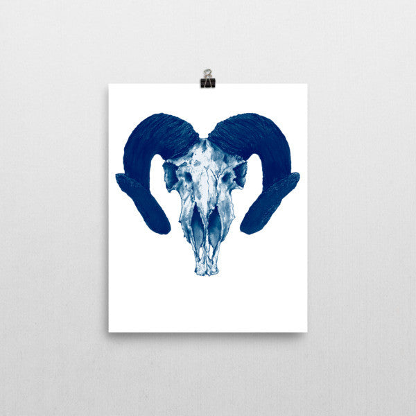 Ram Skull Concave Turned Horns Blue Ink Poster by Robert Bowen - Robert Bowen Tees