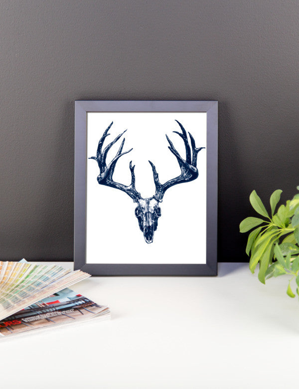 Stag Skulls Blue Ink Framed Poster by Robert Bowen - Robert Bowen Tees