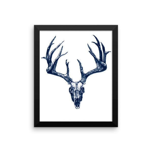 Stag Skulls Blue Ink Framed Poster by Robert Bowen - Robert Bowen Tees