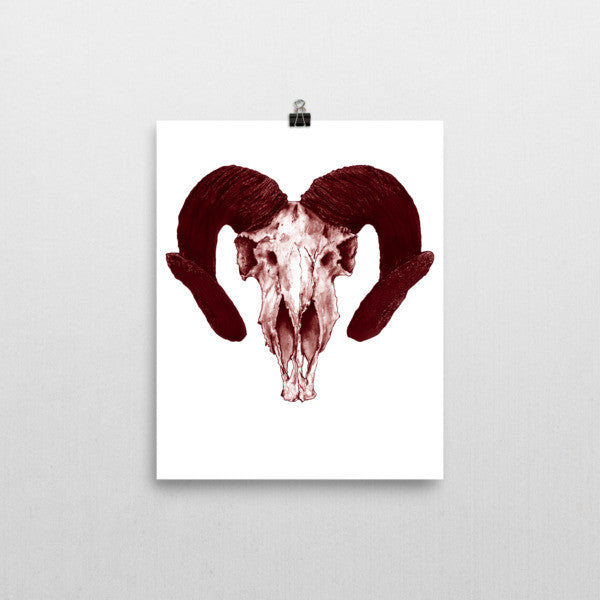 Ram Skull Concave Turned Horns Brown Ink Poster by Robert Bowen - Robert Bowen Tees