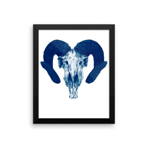 Ram Skull Concave Turned Horns Blue Ink Framed Poster by Robert Bowen - Robert Bowen Tees