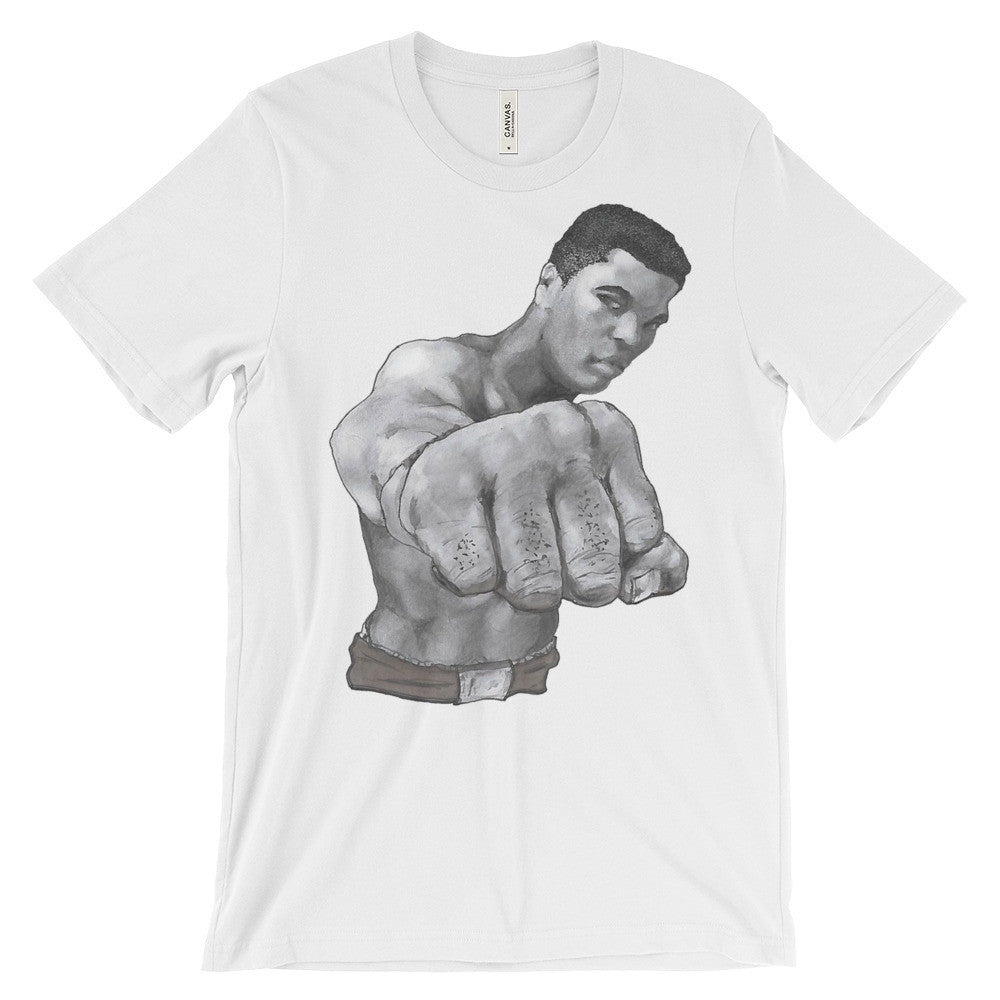 Mo Ali Fist in Perspective Unisex Short Sleeve T-Shirt Illustrated by Robert Bowen - Robert Bowen Tees