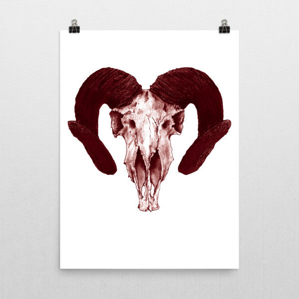Ram Skull Concave Turned Horns Brown Ink Poster by Robert Bowen - Robert Bowen Tees